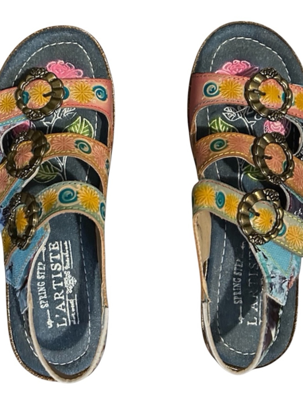 L'ATISTE Multicolor Floral Buckle Leather Sandals - Pink, Blue, Yellow, Tan